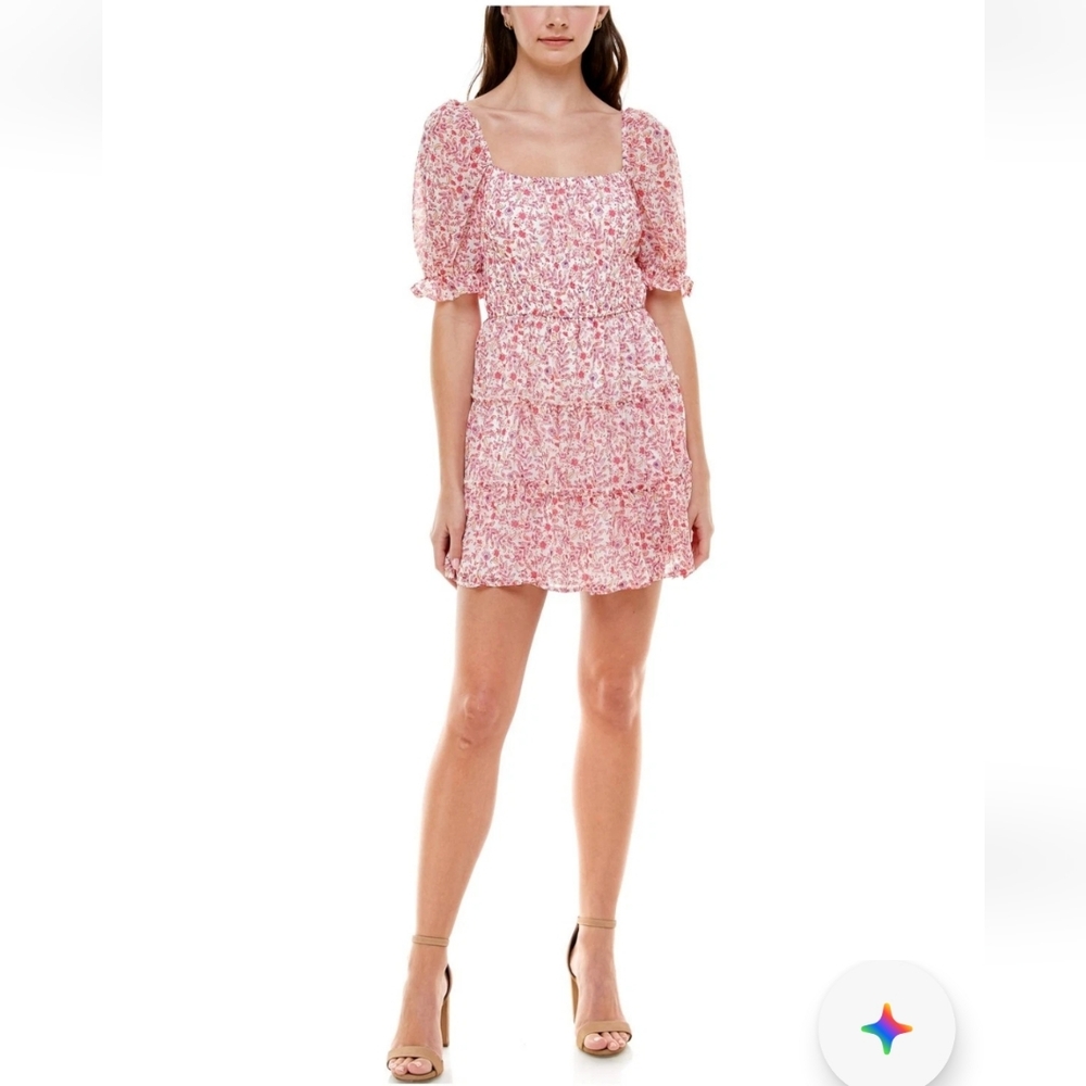 -Trixxi Pink and White Puff Sleeve Mini Dress. XL